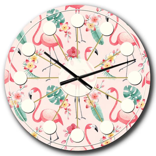 Designart 'Tropical Botanicals, Flowers And Flamingo Ii Mid-Century Modern Wall Clock